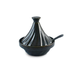 Saleiro/Açucareiro em formato de mini tagine, com design elegante e acabamento azul orgânico, de cerâmica, marca Ceraflame