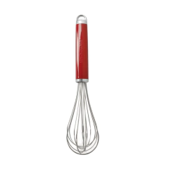 Batedor fouet com alça vermelha para pendurar, ideal para misturar ingredientes na cozinha.