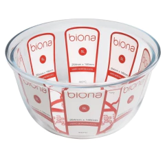 Tigela de vidro borosilicato redonda de 5 litros da marca Oxford Biona, mostrando dimensões e especificações.