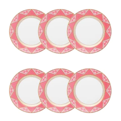 seis pratos de sobremesa branco de porcalana com desenho nas bordas macrame rosa