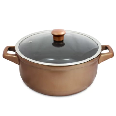 caçarola de cerâmica cobre redonda com alças e tampa de vidro com pegador de cerâmica e furo de evasão