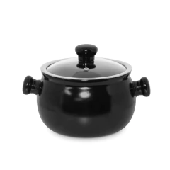 caçarola de cerâmica preta com pegadores formato bolinha e tampa de vidro temperado com pegador de cerâmica, marca ceraflame