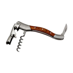 um saca-rolhas abridor de vinho modelo barbera de bolso, compacto de aço inox e acabamento em madeira 