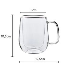 uma caneca de vidro com dimensões da peça