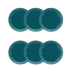 seis pratos de sobremesa azul escuro com as bordas detalhadas