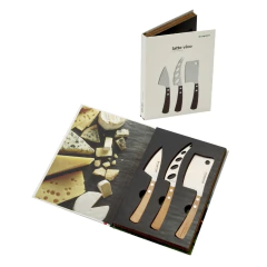 kit de faca para queijo duro, queijo parmesão e queijo mole, dentro de um estojo da marca legnoart, importado da itália, com cabo de madeira e lâmina de aço japonês
