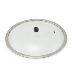 tampa de vidro com furo de evasão, pino rosca e borda aço inox