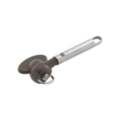 abridor de lata com a ponta de silicone cinza e cabo em aço inox gravado com a marca e com alça de pendurar