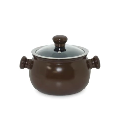 panela de cerâmica chocolate / marrom com pegador formato bolinha e tampa de vidro temperado