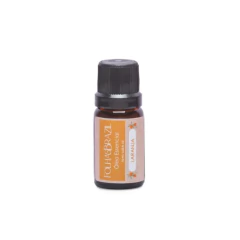 frasco de óleo essêncial de vidro escuro com tampa de plástico preto e rótulo colorido