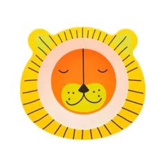 prato fundo com bordas amarela e o fundo com desenho do rosto de um leão laranja