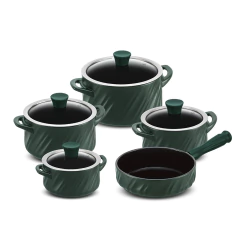 jogo de panelas de cerâmica matte / verde com alças meia-lua e tampa de vidro com pegador de cerâmica e furo de evasão