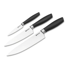 um jogo com 3 facas de cozinha, sendo uma de legumes, uma de uso geral e outra de chefe, com lâmina de aço inox e cabo preto