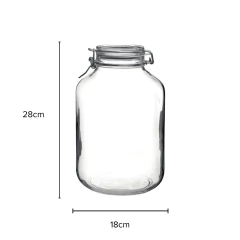 Pote de vidro hermético com capacidade de 5 litros, medindo 28cm de altura e 18cm de diâmetro, ideal para armazenamento de mantimentos.