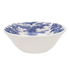 Tigela de cerâmica branca com detalhes em azul, com design de cena inglesa no interior.
