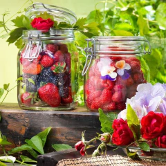 Pote de vidro hermético com frutas vermelhas e flores decorativas.
