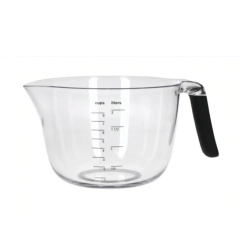 Jarra medidora transparente de 2 litros com escala em copos e litros, e cabo preto da marca KitchenAid.