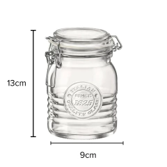 um pote de vidro com tampa hermética da marca officina com suas medidas correspondentes