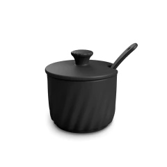 açucareiro de mesa, feito de cerâmica, marca ceraflame, cor grafite, acompanha colher