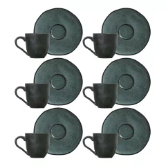 Jogo De 06 Xícaras Para Café C/ Pires De Cerâmica Orgânico Stoneware Petroleum 120ML Porto Brasil