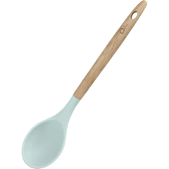 colher de silicone azul claro com cabo de madeira com furo para pendurar