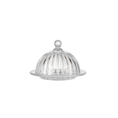 Queijeira de vidro com tampa, ideal para armazenar queijos e frios.