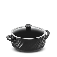 panela de cerâmica com leves ondulações preta com tampa de vidro temperado e pegador de cerâmica preto