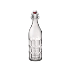 Garrafa de vidro hermética com capacidade de 1 litro, design elegante e tampa de encaixe, ideal para servir sucos e outras bebidas.
