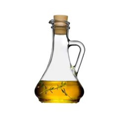 galheteiro de vidro com tampa de rolha, bico vertedor, cabo alça de vidro e oléo dentro