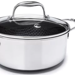 panela com alças em aço inox tampa de vidro com pegador em aço inox e furo de evasão