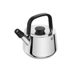frigideira com tampa  de aço inox e alça, pegador da tampa e bico de material sintético preto, gravada com a marca na parte superior da chaleira