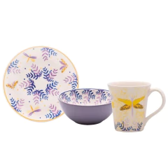 conjunto de prato, bowl e caneca para lanche