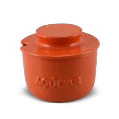 Açucareiro de cerâmica laranja com tampa, ideal para mesa de café. Escrita açucar em alto relevo, marca ceraflame gourmet