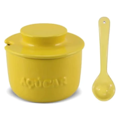 Açucareiro de cerâmica amarelo com colher, marca ceraflame