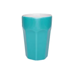 Copo grande de cerâmica azul turquesa com interior branco, ideal para mesas e adegas.