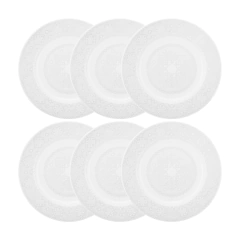 seis pratos rasos de cerâmica com desenhos azul claro e branco