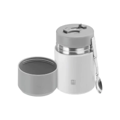 garrafa térmica para alimentos branco / cinza com a gravação da marca no inferior da garrafa