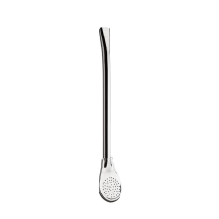 Bomba inox abaulada com bojo pera, ideal para chimarrão, com 19 cm de comprimento.