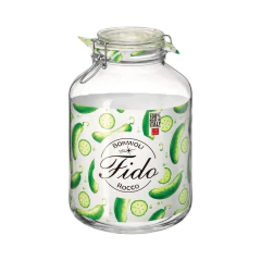 Pote de vidro hermético de 5 litros da marca Bormioli Rocco, decorado com design de pepinos.