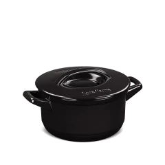 caçarola de cerâmica redonda preta com alças e tampa de cerâmica