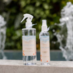 Frascos de água para tecidos da linha Pacific House, com rótulos claros e design elegante, expostos em uma superfície ao ar livre.