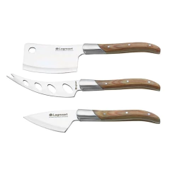 um kit de 3 facas de queijo, contendo um modelo para queijo duro, um modelo para queijo parmesão e um modelo para queijo mole, com lâmina de aço inox e cabo de madeira da marca Legnoart