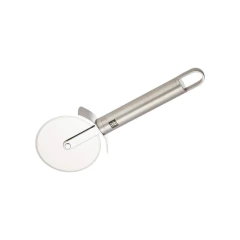 cortador de pizza em aço inox gravado com a marca e com alça de pendurar