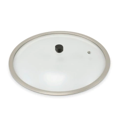 tampa de vidro com borda de aço inox, furo de evasão e pino rosca para pegador