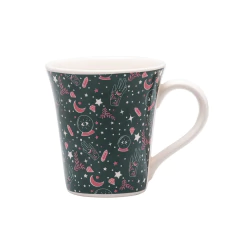 caneca de porcelana preto com vários desenhos de lua, diamante e bola de cristal pequenos