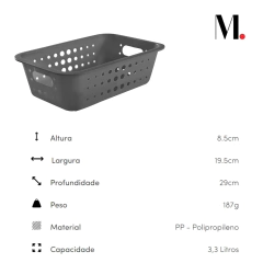 uma cestinha de plástico com medidas de 8,5cm por 19cm por 29cm