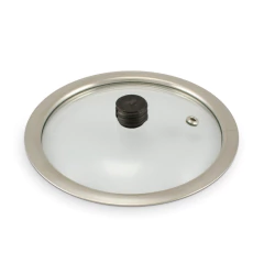 tampa de vidro com furo de evasão, pino de rosca em cima e bordas de aço inox