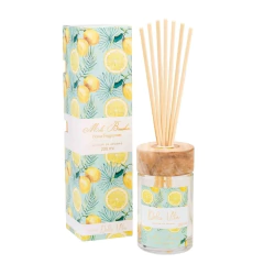Difusor de aromas 200ml da marca Mels Brushes com embalagem decorativa de limões e tampa de madeira.