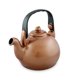chaleira colonial de cerâmica cobre com alça de nylon preta e tampa de cerâmica com pegador formato bolinha 
