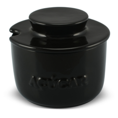 Açucareiro de cerâmica preto com tampa, ideal para mesa de café.